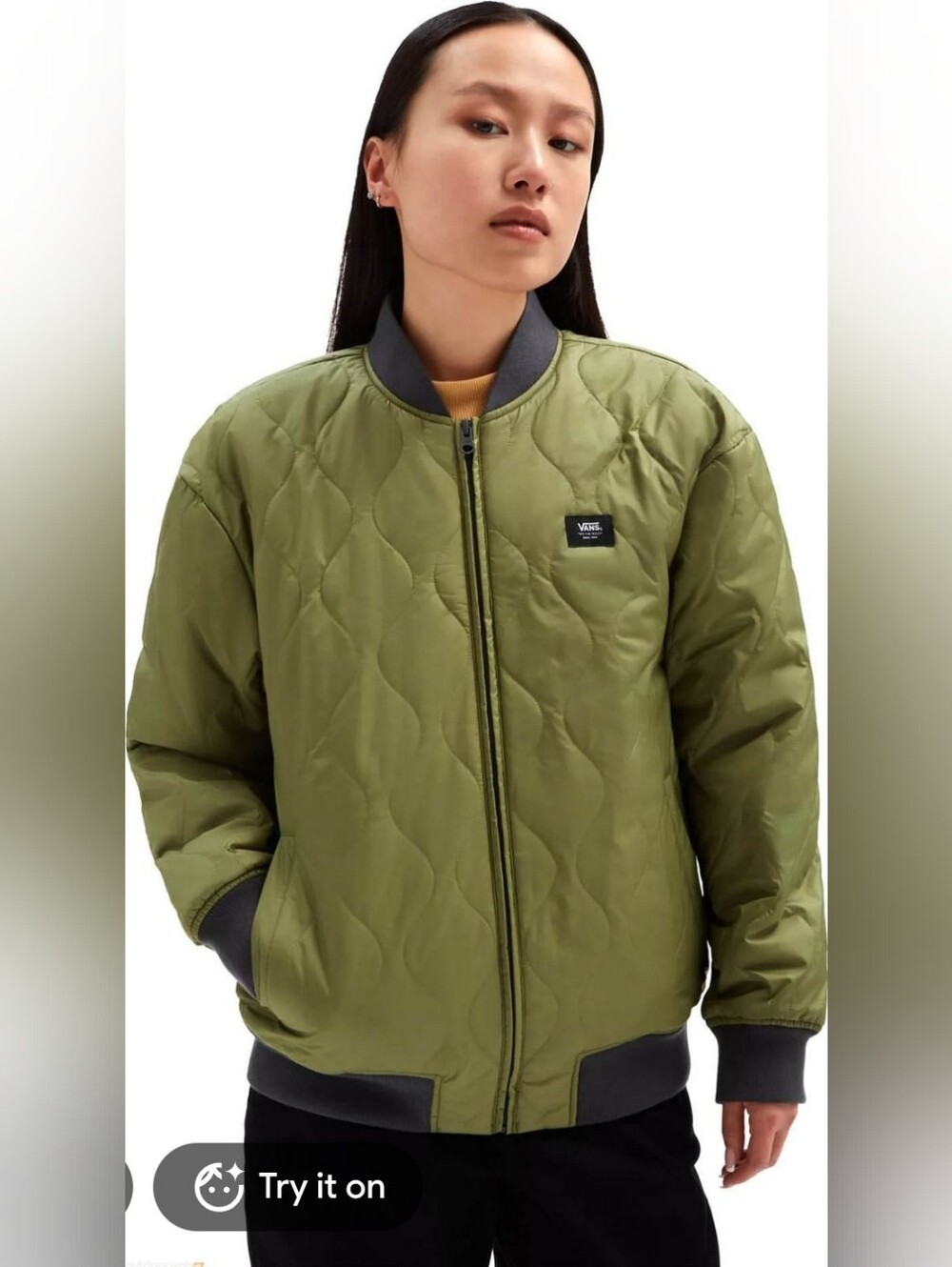 Vans Olive Green Quilted Women’s Bomber Jacket with Dark Trim